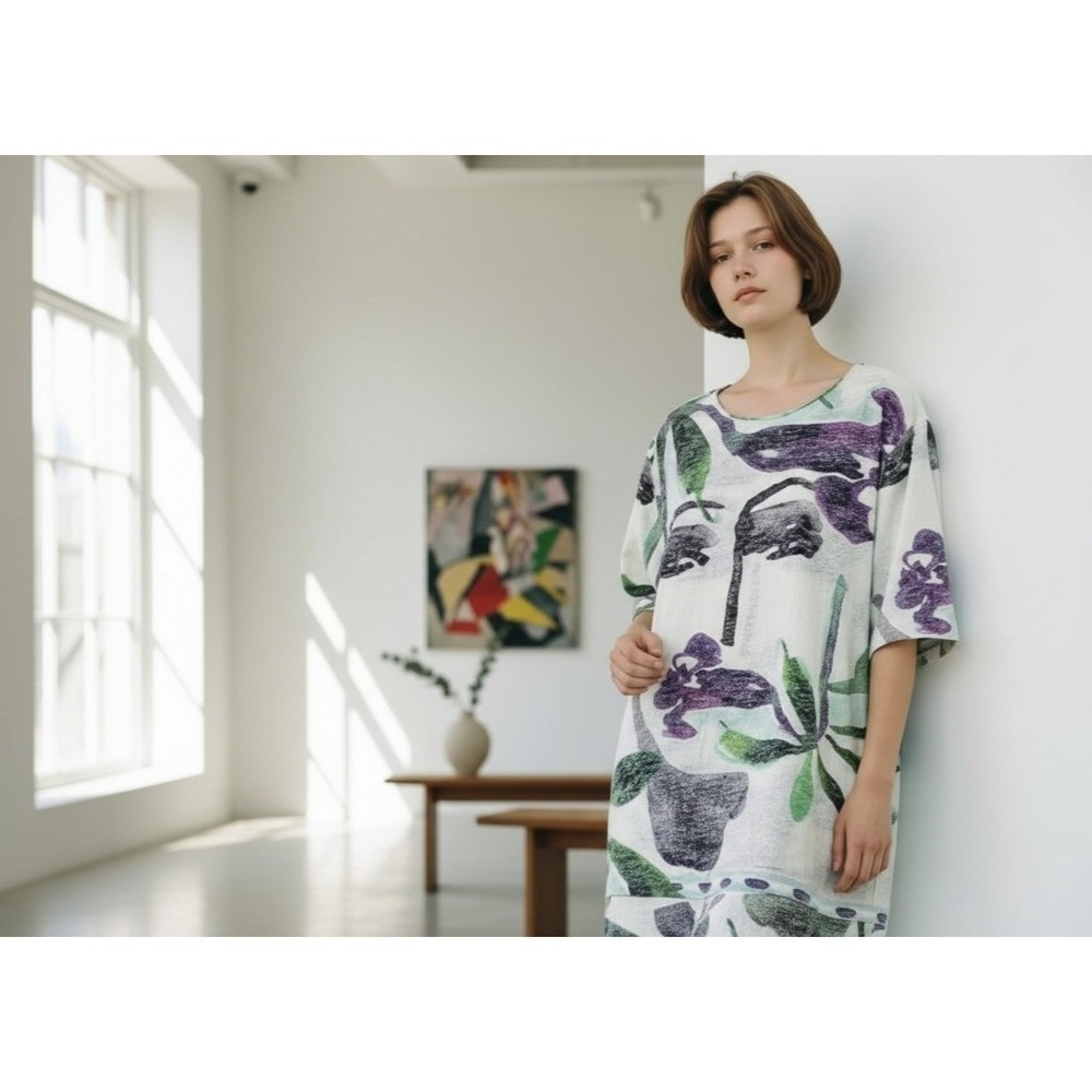 Cartise Womens Wearable Art Multicolor Tunic Blouse 3/4 Sleeve Size Large